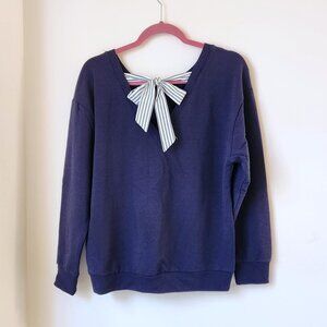 Kenzie Jeans Navy Striped Bow Top Sweatshirt Cotton Rayon Spandex Size M-L